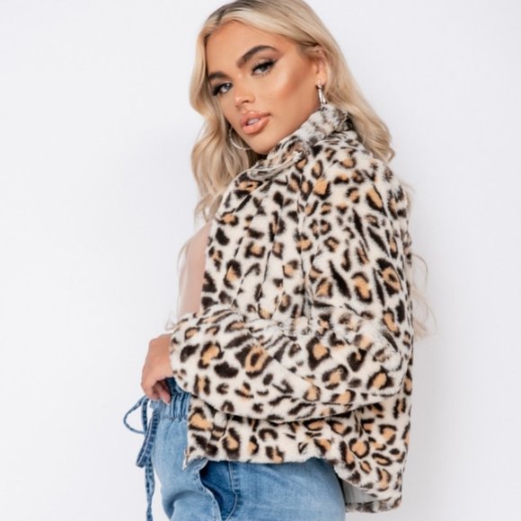 Leopard Print Animal Print Faux Fur Long Sleeve Collared Bomber Jacket - Picture 4 of 9